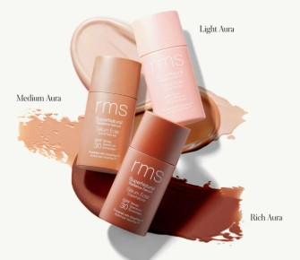 RMS beauty foundation bottles in three shades on swatches
